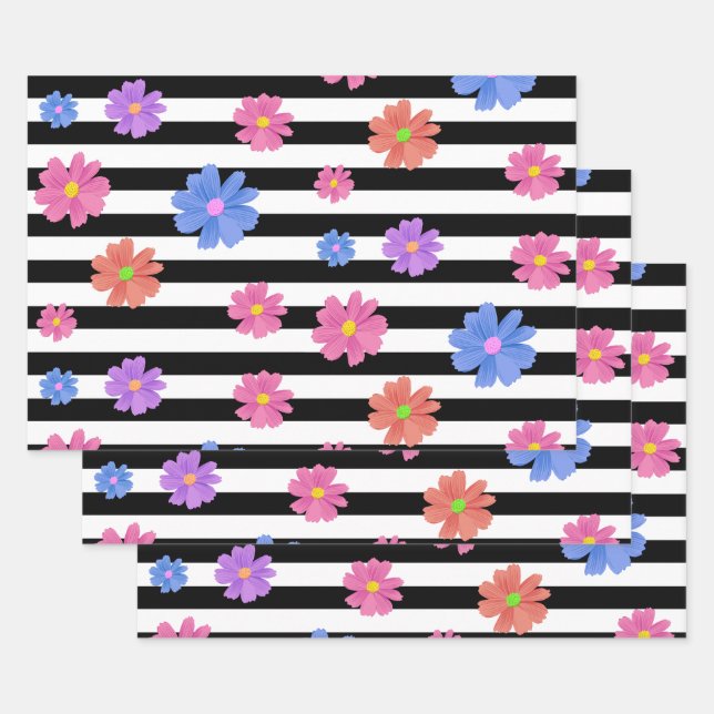 Trendy Floral Black & White Stripes Pattern Wrapping Paper Sheet (Set)