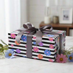 Trendy Floral Black & White Stripes Pattern Wrapping Paper Sheet