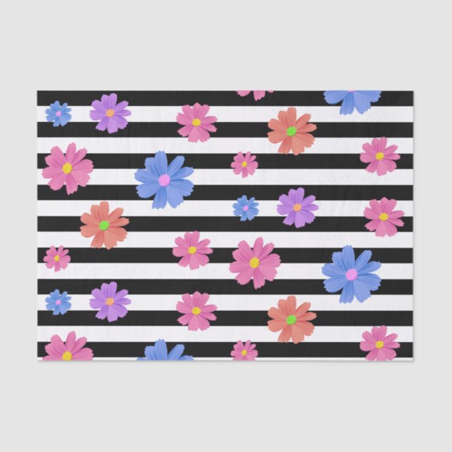 Trendy Floral Black & White Stripes Patterned Tissue Paper (Front)