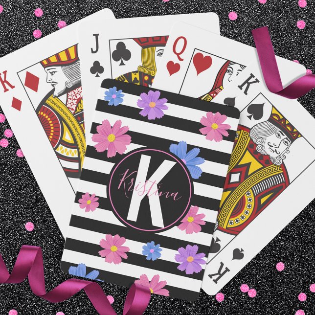 Trendy Floral Black & White Stripes Personalised Playing Cards (Creator Uploaded)