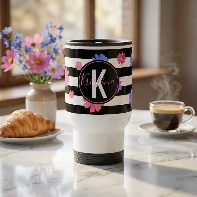 Trendy Floral Black & White Stripes Personalised Travel Mug (Creator Uploaded)