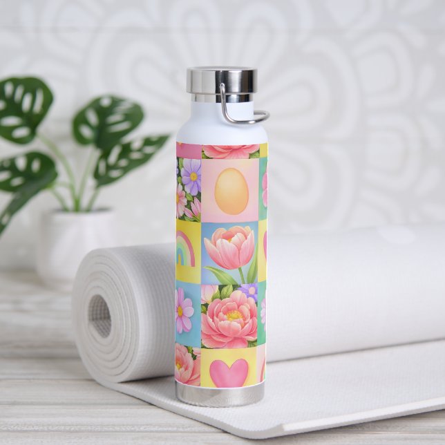 Trendy Floral Checkerboard Spring Pattern Water Bottle (Yoga (Rotated))