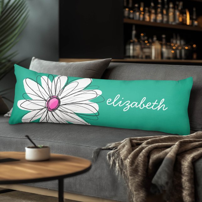 Trendy Floral Daisy Illustration - Pink and Green Body Cushion (Custom Monogram Body Pillow)