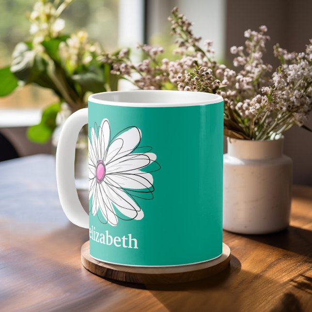 Trendy Floral Daisy Illustration - Pink and Green Coffee Mug (Mug template with a place for a name - whimsical daisy)