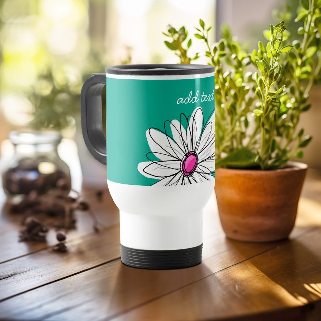 Trendy Floral Daisy Illustration - Pink and Green Travel Mug (Personalized travel mug - add photos and text or customize completely)