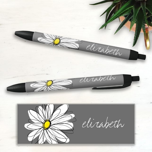 Trendy Floral Daisy with gray yellow custom name Black Ink Pen (Creator Uploaded)