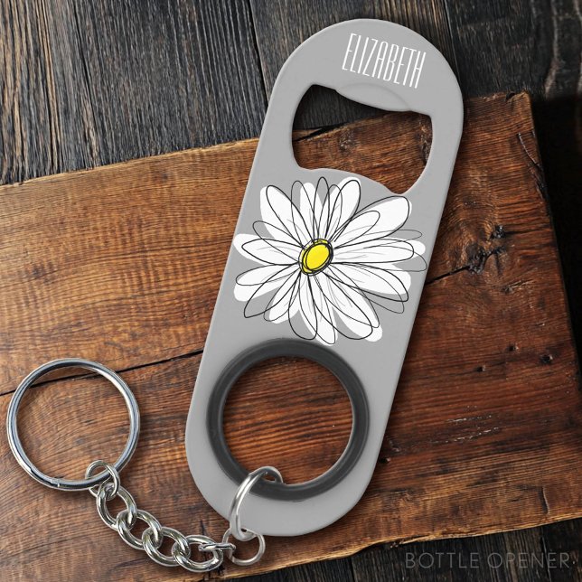 Trendy Floral Daisy with grey yellow custom name (Custom Bottle Opener)