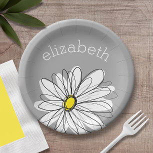 Trendy Floral Daisy with grey yellow custom name Paper Plate