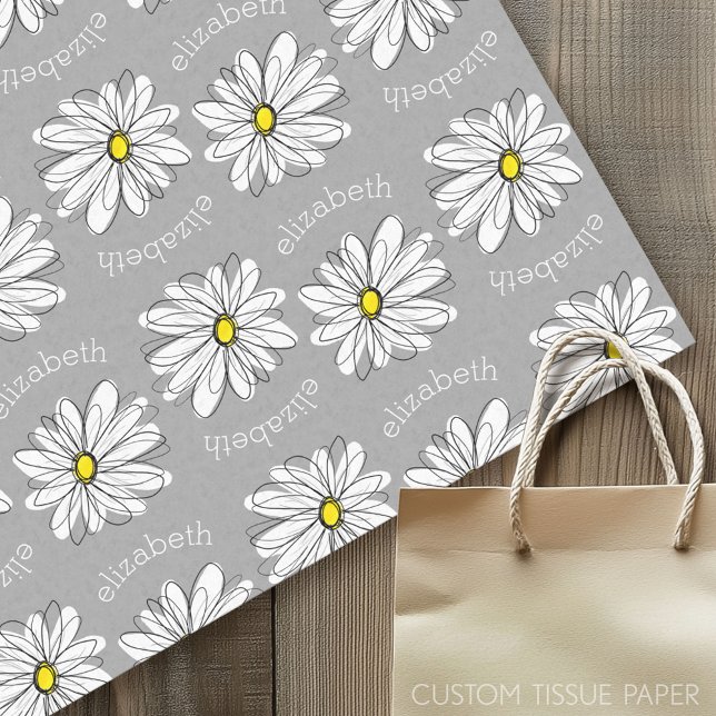 Trendy Floral Daisy with grey yellow custom name Tissue Paper (Custom Tissue Paper)
