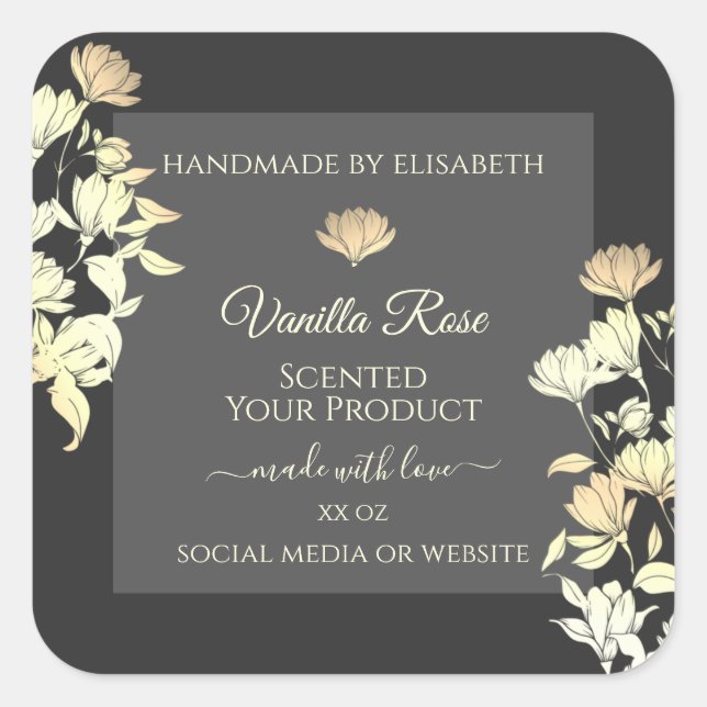 Trendy Floral Grey Packaging Labels and Gold Frame (Front)