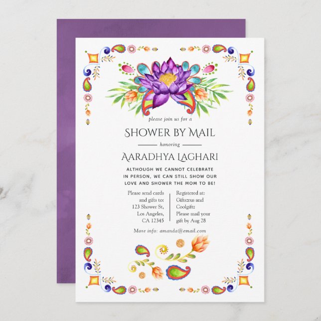 Trendy Floral Paisley Indian Shower by Mail Invitation (Front/Back)