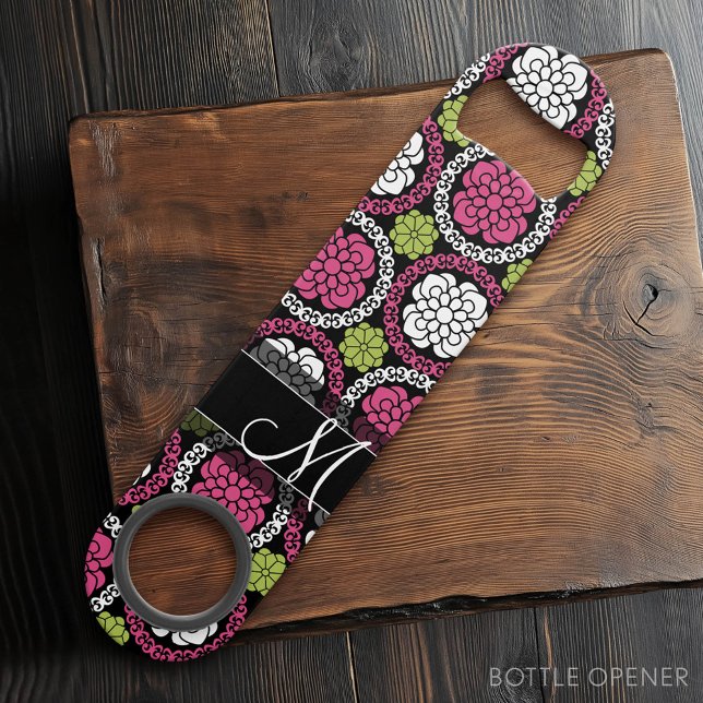 Trendy Floral Pattern Hot Pink and Black Monogram (Custom Bar Key)