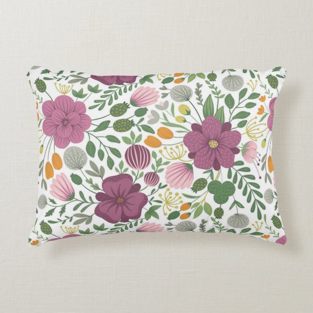 Trendy Floral Pattern Pink Yellow Purple Greenery  Decorative Cushion (Front)