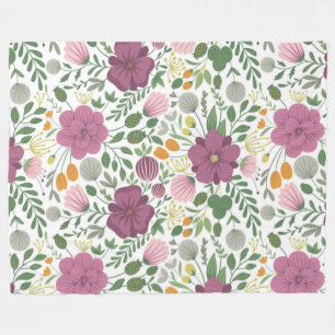Trendy Floral Pattern Pink Yellow Purple Greenery Fleece Blanket