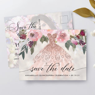 Trendy Floral Photo Quinceañera Save The Date Postcard