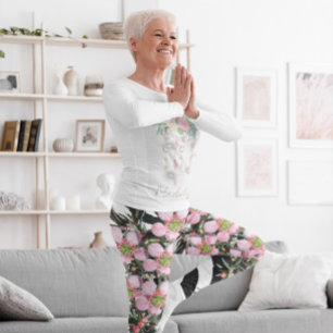 Trendy Floral Pink  Black White Pattern Monogram Leggings