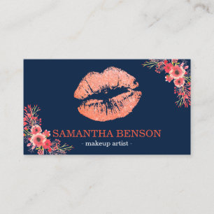 Trendy Floral Rose Gold Lips Makeup Artist Business Card