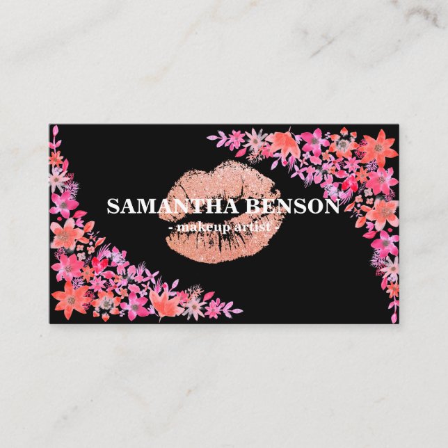 Trendy Floral Rose Gold Lips Makeup Artist Business Card (Front)