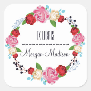 Trendy Floral Roses Wreath Bookplate Square Sticker