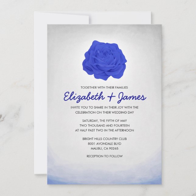 Trendy Floral Royal Blue Wedding Invitations (Front)