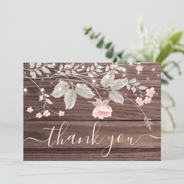 trendy Floral Rustic string lights  thank you   Invitation (Standing Front)