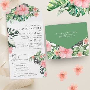 Trendy Floral Watercolor Tropical Greenery Wedding All In One Invitation