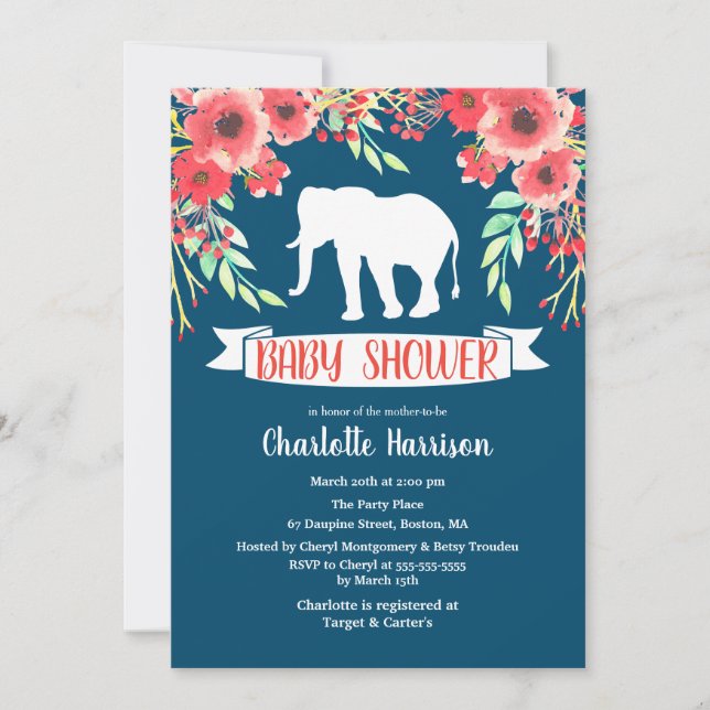 Trendy Floral White Elephant Baby Shower Invitation (Front)