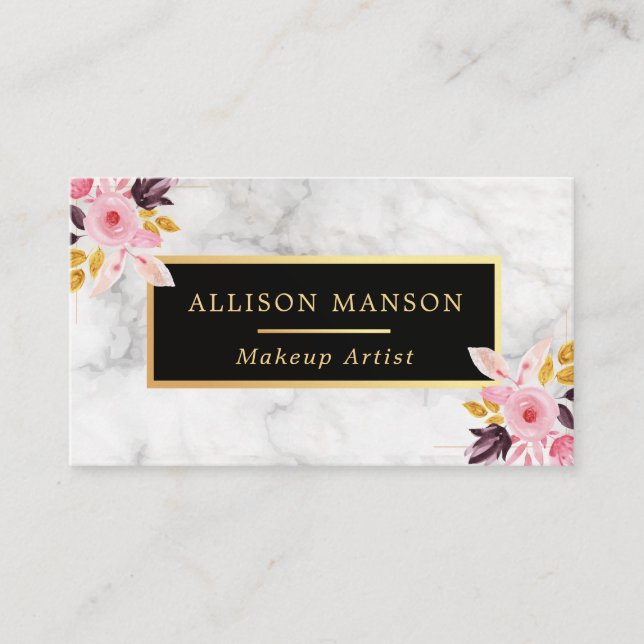 Trendy floral white marble | Makeup artist Business Card (Front)