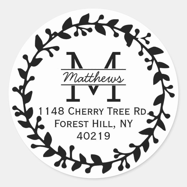 Trendy Floral Wreath Custom Monogram Classic Round Sticker (Front)