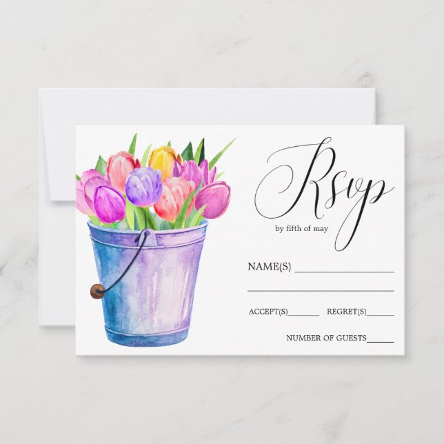 Trendy Flower bucket of tulips rustic wedding RSVP Card (Front)