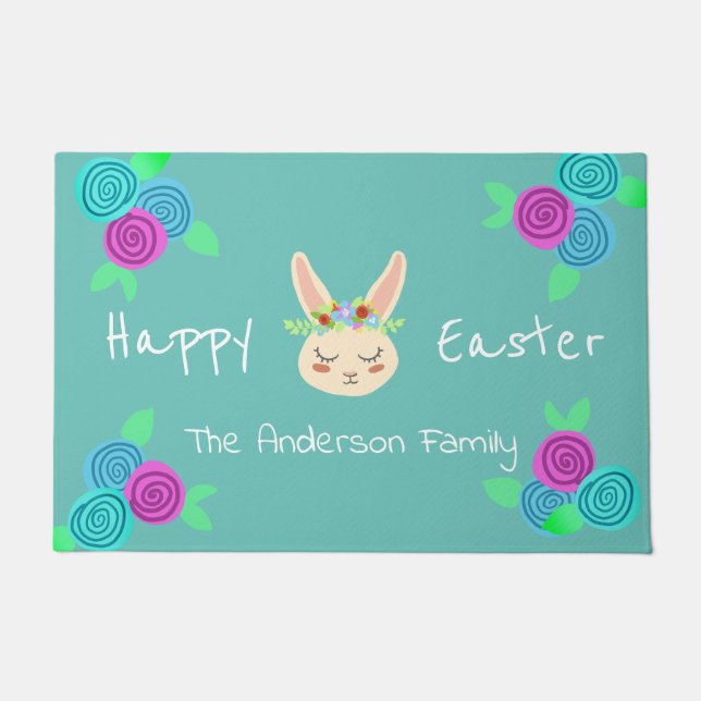 Trendy Flower Crown Rabbit Happy Easter Doormat (Front)