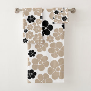 Trendy Flower Pattern in Taupe, Black, and White Bath Towel Set