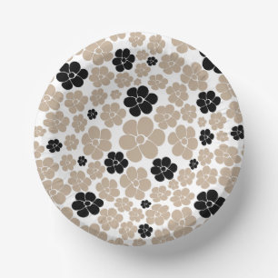 Trendy Flower Pattern in Taupe, Black, and White Paper Plate
