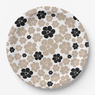Trendy Flower Pattern in Taupe, Black, and White Paper Plate