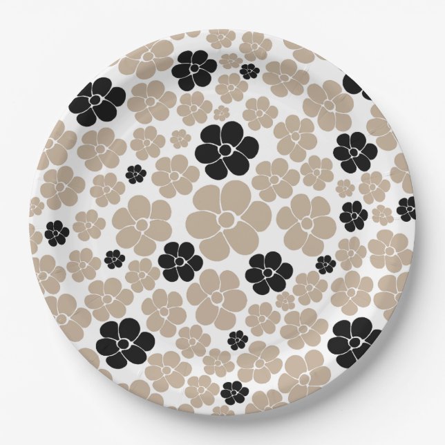 Trendy Flower Pattern in Taupe, Black, and White Paper Plate (Front)
