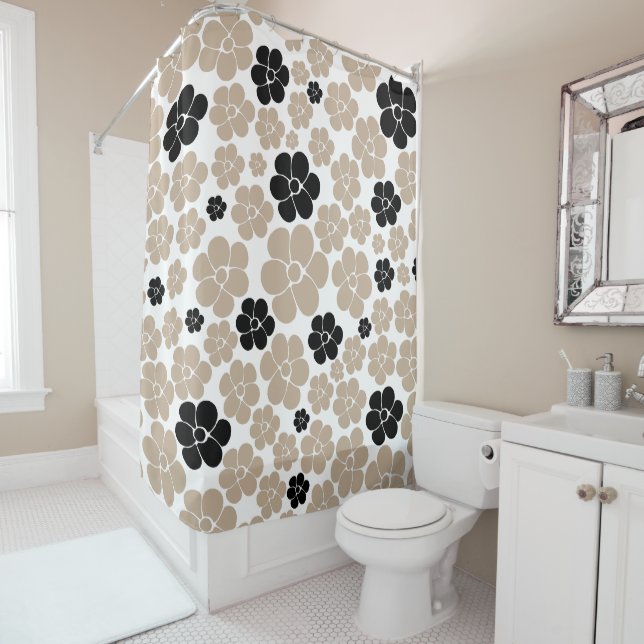 Trendy Flower Pattern in Taupe, Black, and White Shower Curtain (In Situ)