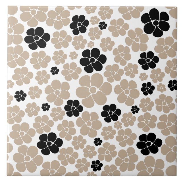 Trendy Flower Pattern in Taupe, Black, and White  Tile (Front)