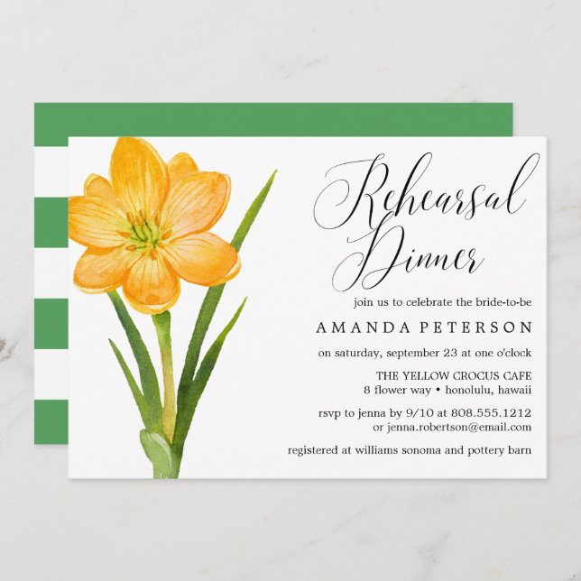 Trendy Flower YELLOW CROCUS   rehearsal dinner Invitation (Front/Back)