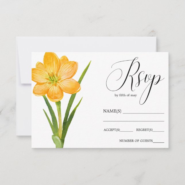 Trendy Flower YELLOW Crocus rustic wedding RSVP Card (Front)