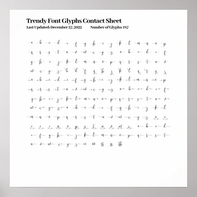 Trendy Font Glyphs Contact Sheet Poster (Front)