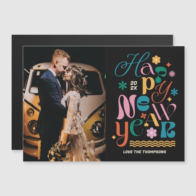 Trendy Font Mix New Year's Photo Magnetic Card (Front/Back)