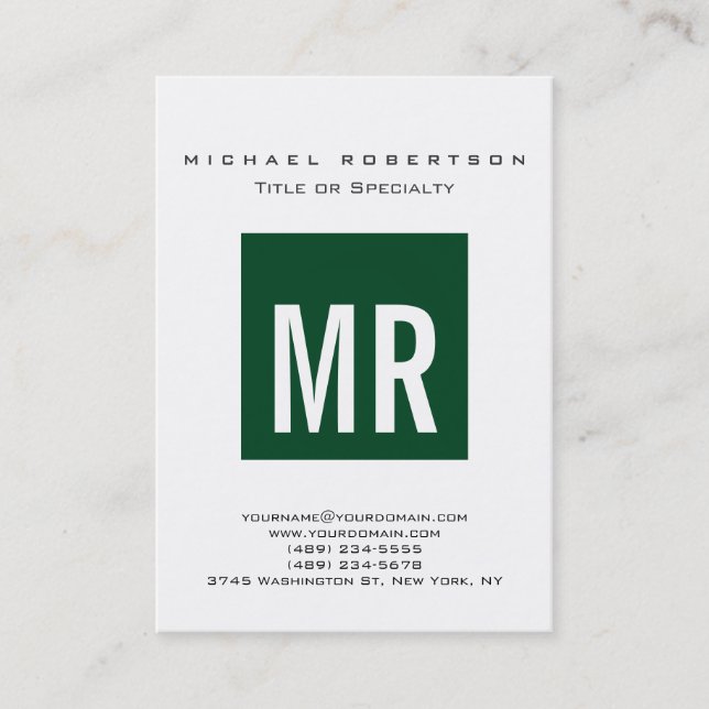 Trendy Forest Green Monogram White Business Card (Front)