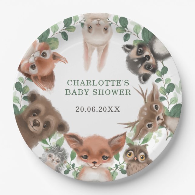 Trendy forest woodland animals baby shower favours paper plate (Front)