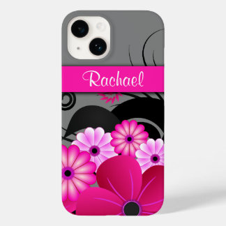 Trendy Fuchsia Pink And Grey Floral Hibiscus Case-Mate iPhone 14 Case