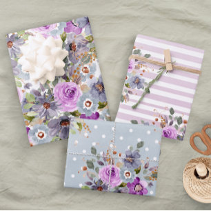 Trendy Fun Girly Pink Blue Purple Floral Stripe Wrapping Paper Sheet