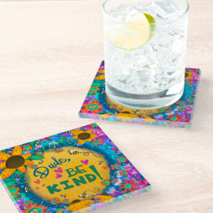 Trendy Fun Kindness Unique Floral Dude Be Kind Glass Coaster