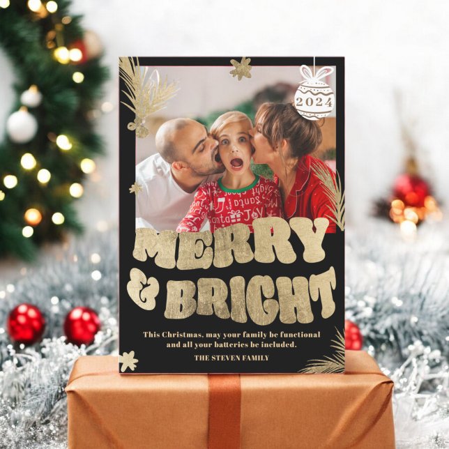 Trendy Fun Merry & Bright gold Christmas photo Holiday Card (Trendy Fun Merry & Bright gold Christmas photo Holiday Card)