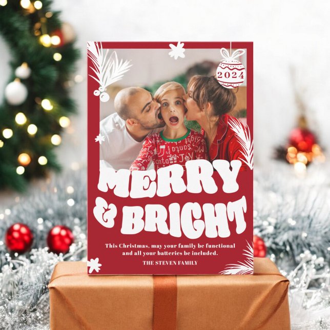 Trendy Fun Merry & Bright Red Christmas photo Holiday Card (Trendy Fun Merry & Bright Red Christmas photo Holiday Card)