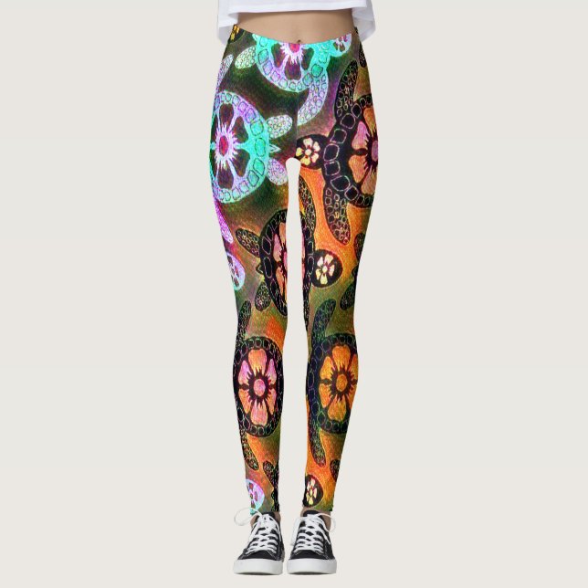 Trendy Galaxy Nebula Hawaiian Sea Turtle Dance Leggings (Front)