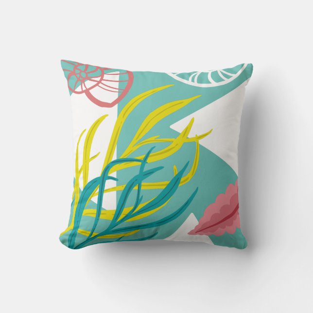 Trendy Geo Nautical Seashells Seaweed Cushion (Front)